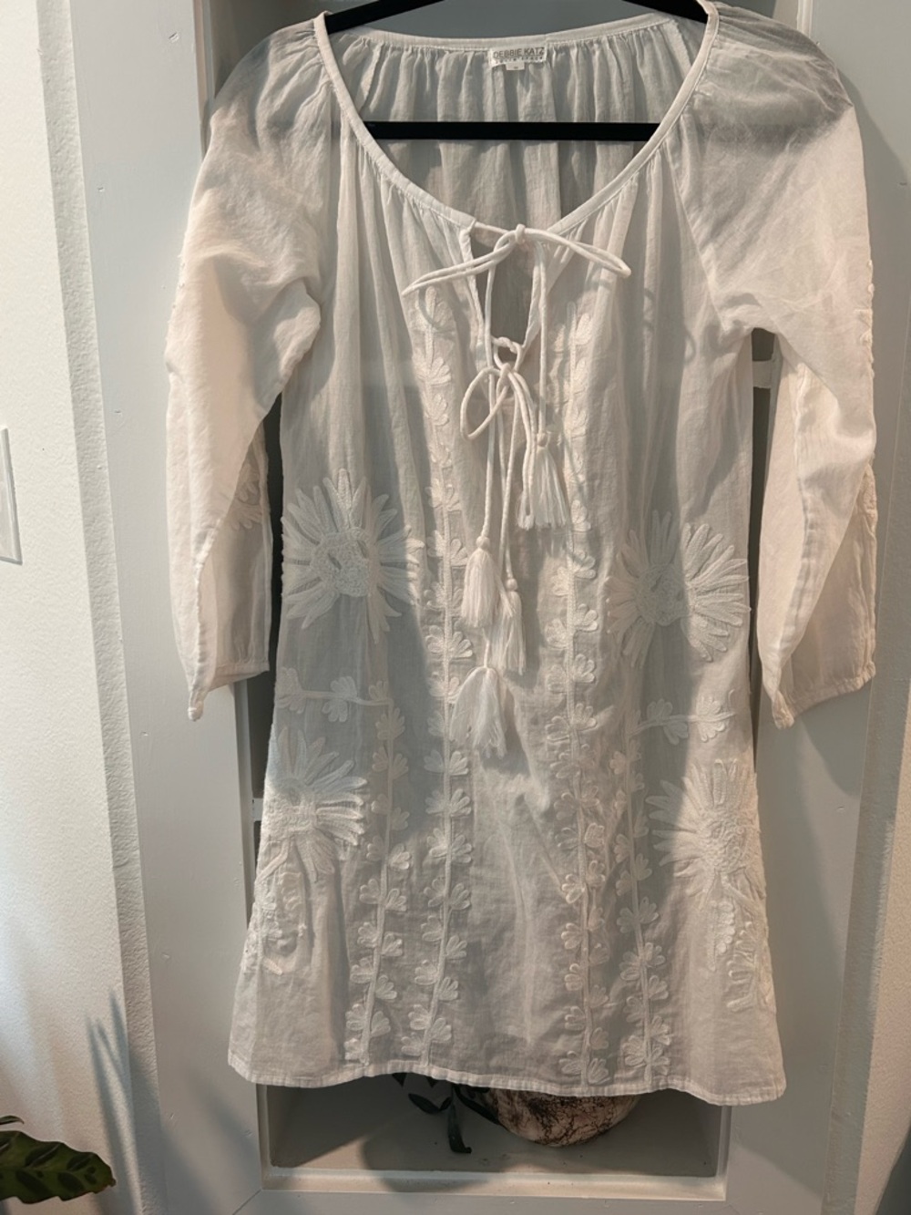Debbie Katz South Beach White Embroidered Tunic Tassel Boho Beach Cover Up SZ S